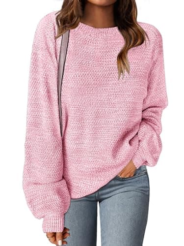 MEROKEETY Sweaters for Women Fall Winter 2026 Oversized Pullover Spring Crew Neck Long Sleeve Heathered Knit Tops Pink Large - Image 1