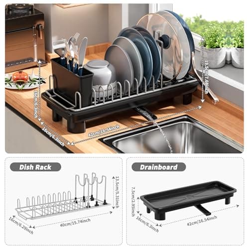 SanDream Small Dish Drying Rack with Removable Utensil Holder & Anti-Scratch Base - Stainless Steel Dish Rack, Dish Drying Rack with Drainage & Space Saving Design for Kitchen Counter, Black - Thumbnail 3