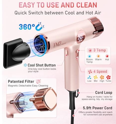 FMZ Professional Hair Blow Dryer with Smart Display, 1875W High Speed BLDC Motor for Fast Drying, Portable Mini Lightweight Quiet, Pink Curly Ionic Diffuser HairDryer for Women Girls Teen Salon Travel - Thumbnail 4