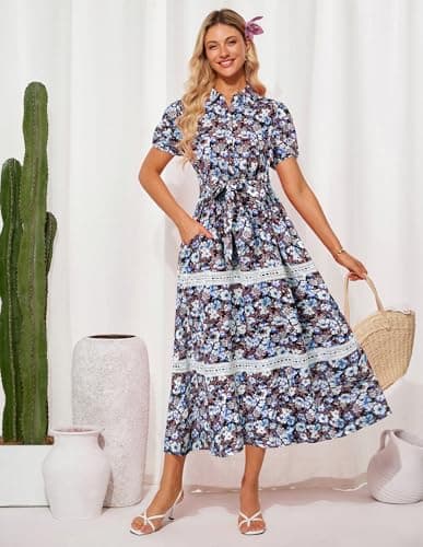 GRACE KARIN Women's 2026 Summer Floral Flowy Dresses Boho Tie Belt Short Puff Sleeve A Line Maxi Shirt Dress with Pocket Black Blue Medium - Thumbnail 4