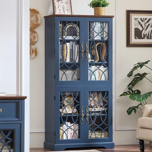 Joaxswe 67" Tall Bookshelf, Rustic Book Shelf w/Vintage Pattern Tempered Glass Doors, 5-Tier Wood Bookcase with Adjustable Storage Shelves, Retro Curio Display Cabinet for Living Room, Navy Blue - Image 1