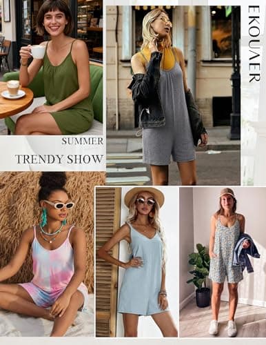 Ekouaer Sleeveless Rompers for Women Summer Casual Spaghetti Strap Shorts Overalls Jumpsuits Beach Outfits With Pockets Purple Floral Small - Thumbnail 4