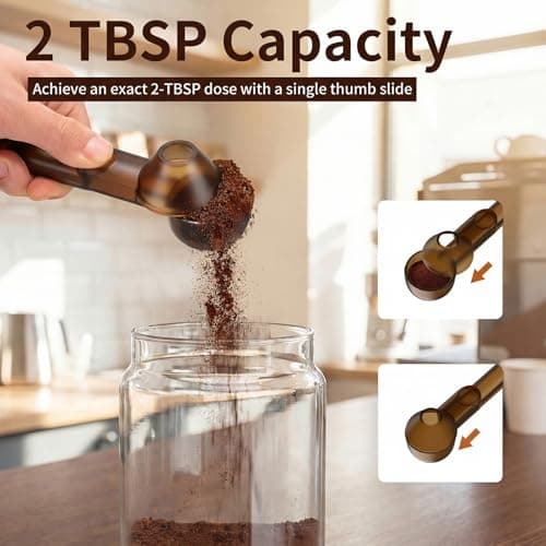 Coffee Scoop with Funnel for Reusable K Cup Refillable Coffee Pods, 2 TBSP Mess-Free Measuring Spoon with Sliding Leveler, Ideal for Ground Coffee, Protein Powder & Tea (Transparent Brown, 1-Pack) - Thumbnail 5
