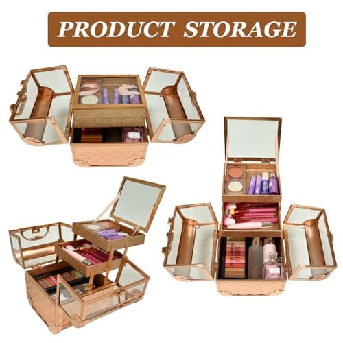 VETALLO Travel Makeup Case Organizer, Protable Cosmetic Case Storage with 2 Trays Mirror,Makeup Train Case Organizer,Make Up Box,Makeup Train Case for Nail Jewellery Vanity Storage Case - Thumbnail 6