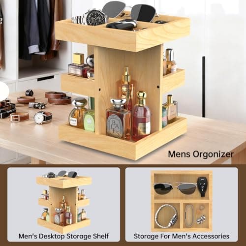 VLXXOI Cologne Organizer for Men Rotating Bathroom Counter Organizer, 3-Tier Solid Wood Storage Caddy, 360-Degree Rotating Stand, Burlywood (Burlywood A) - Thumbnail 4