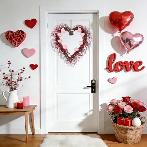 U'Artlines 15 Inch Valentine’s Day Wreath, Pink Heart Shaped Door Wreath with Cute Berries for Valentine’s Day Gift Wedding Anniversary Festival Front Door Wall Decor - Thumbnail 2