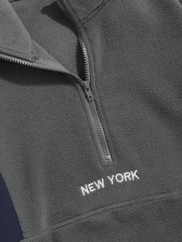 ZAFUL Men's Fluffy Polar Fleece Sweatshirt NEW YORK Embroidery Half Zip Unisex Hoodie Gray L - Thumbnail 3