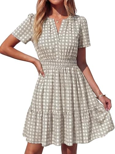 BTFBM Summer Dresses for Women 2026 Lightweight Casual Short Sleeve Floral Mini Dress A Line Beach Vacation Sundress(Light Khaki, X-Large) - Image 1