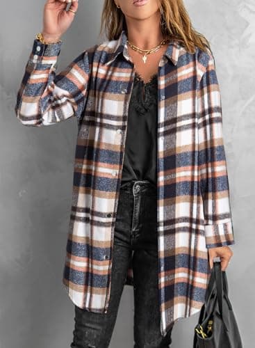 EVALESS Color Block Plaid Shacket Jacket Womens Fall Clothes Fashion 2025 V Neck Outfits Long Sleeve Jackets for Women Button Down Flannel Shirts Loose Cardigans Coats With Pockets Blue X-Large - Thumbnail 2