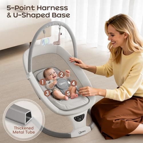 AMKE Baby Swing for Infants with Spacious & Breathable Mesh Seat, Lightweight Portable Baby Rocker Swing with 5-Speeds, 3 Timer & 12 Lullabies, Gentle Sway for Newborn Max 20 Lbs - Thumbnail 4