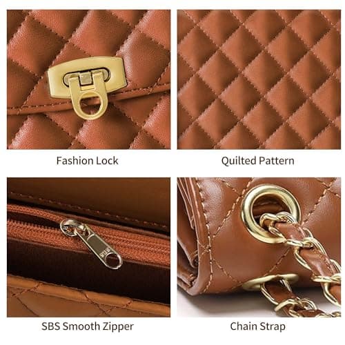 Goinsound Summer Spring designer handbags for women trendy shoulder bag leather crossbody bag checkered quilted purse with chain Brown - Thumbnail 5