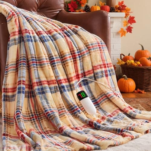 Brown Heated Blanket Electric Throw, 50X60 Heating Throw with 10 Heating Levels & 8 Hours Auto Off, Plaid Sherpa Blanket Warmer for Adults, Farmhouse Home Decor for Couch Bed Office Gifts for Mom - Image 1