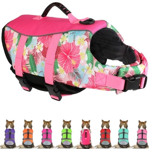 Mklhgty Dog Life Jacket, Reflective & Adjustable, Hawaiian Style, for Small Medium Large Dogs, Polyester & Cotton, Floral Pink, L