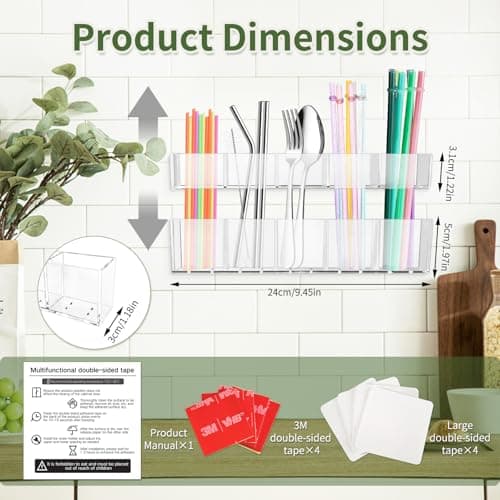 CRUCIBLY 9.5" Large Acrylic Straw Holder for Cabinet Door,Reusable Tumbler Straw Organizer with Ultra Sticky Adhesive Strips,Straw Storage for Kitchen Cupboard (Transparent) - Thumbnail 6