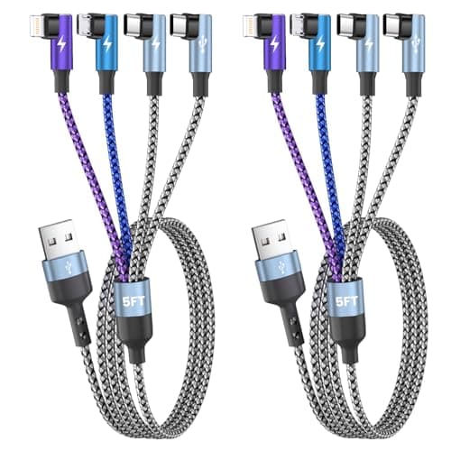 USB Multi Charging Cable 90 Degree BraidedCharging Cord 5FT 2Pack, 4 in 1 Car Charging Cable, Charging Cables for Multiple Devices Phone Charger Cord with Dual Type-C, Micro USB, IP Port for iPhone17 - Image 1
