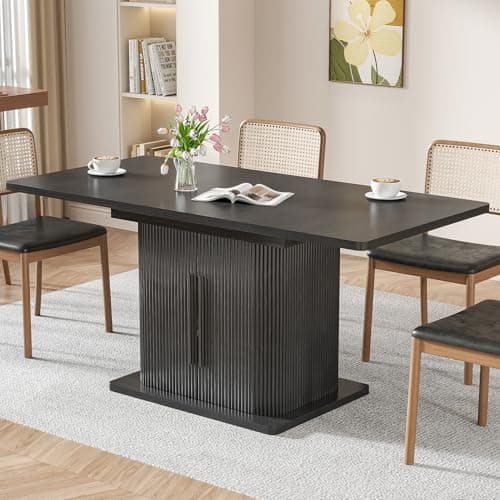 Extendable Black Dining Table for 4-6, 47-65 Inch Rectangle Dining Room Kitchen Table with Large Storage, Wood Sliding Door, Mid Century Modern Dinner Furniture, Fluted, Space Saving, Living Room - Image 1