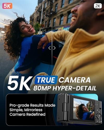True 5K Digital Camera for Photography, Autofocus 80MP with 18X Digital Zoom 3" 270°Flip Screen Dual-Lens Selfie Camera for YouTube Vlogging & Content Creation, 2 Batteries, 32GB Card & Flash，Black - Thumbnail 2