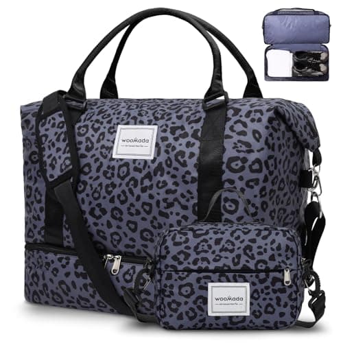 WOOMADA Weekender Overnight Bag for Women, Shoulder Travel Duffel with Shoes Compartment,Gym Bag with Toiletry Bag Large Size(black leopard)