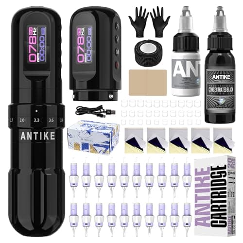 ANTIKE Cordless Tattoo Gun Kit with 7 Adjustables Strokes and 2 pcs * 1600 mAh Tattoo Batteries,Tattoo Kit Complete with Needles Cartridges, Inks and Tattoo Accessories AK-TKE551A-1