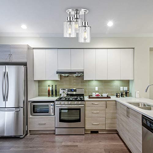 Semi Flush Mount Ceiling Light, 3-Light Close to Ceiling Light Fixtures, Electroplating Chrome Finish with Clear Seeded Glass Shade Chandelier Lighting for Stairs Porch Hallway Entryway Kitchen - Thumbnail 6