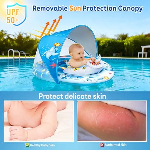 Baby Pool Float with Canopy,120° Adjustable UPF50+ Protection,Anti-Tip Safety Seat,Inflatable Toddler Floaties Infant Swim Ring,Thick PVC Pool Float with Animal Pool Toys,Beach Essentials for 3-36M - Thumbnail 2