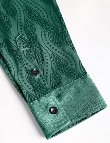 ZAFUL Mens Luxury Jacquard Long Sleeve Dress Shirt Button Down Shiny Satin Slik Wedding Party Shirts Green M - Thumbnail 5