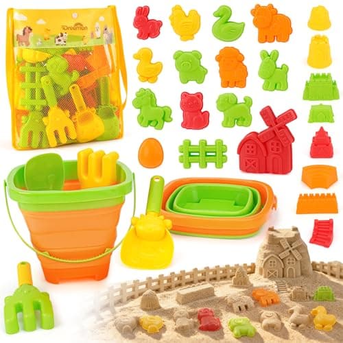 Dreamon Beach Toys for Kids – Farm Sand Toys with 2 Collapsible Buckets, Animal & Barn Molds, Shovels and Rakes Set, Mesh Bag – 29PCS Sand Castle Building Kit Travel Toys for Toddlers 3-5 - Image 1