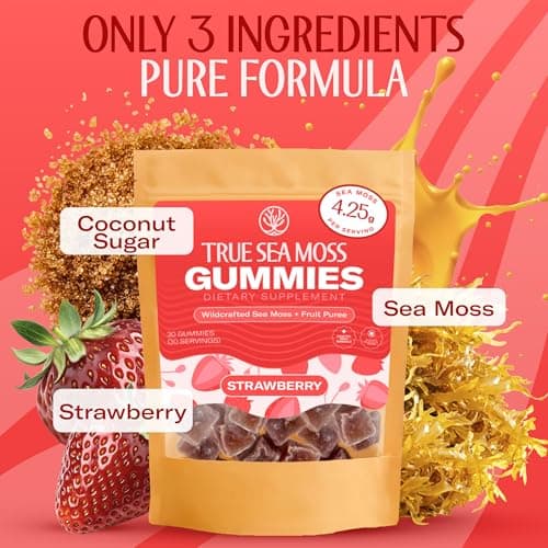 True Sea Moss Gummies – Sea Moss Dry Gel – Raw & Wildcrafted – Sweetened with Organic Coconut Sugar & Real Strawberry Purée – 30 Gummies (30 Servings) - Thumbnail 4
