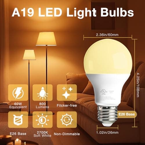 dalattin 20 Pack LED Light Bulbs A19 E26 60 Watt Equivalent Soft White 2700K Warm Light Lightbulbs Indoor Standard 120v 60hz 800 LM Non-Dimmable 80+ CRI UL Listed - Thumbnail 2