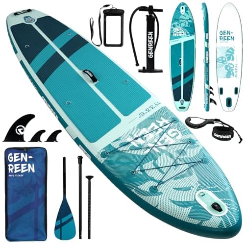 Genreen Stand up Paddle Board Inflatable SUP Board 11'33"6" 400LBS Capacity with EVA 0.5cm 4 Grips 3 Fins for Japanese Customers Ultra Stable Paddleboard (Monstera Powder Blue) - Image 1
