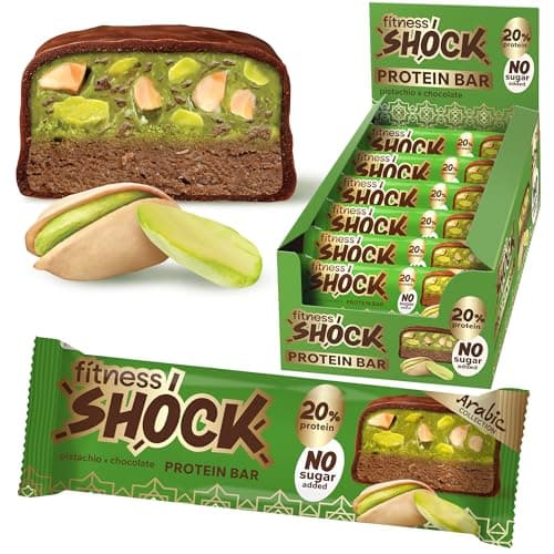 Fitness SHOCK Pistachio Chocolate Protein Bars - No Added Sugar, Low Calorie Low Carb Snack - 10g Protein, 0g Added Sugar, 180 Kcal, 15g Net Carbs, 8g Fat - 12 x 50g - Image 1
