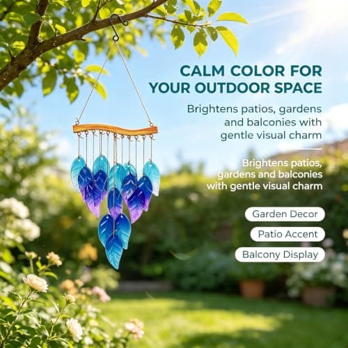 Wind Chimes Blue Glass Leaves, Garden Wind Chime for Home, Party, Festival Decor, Glass Garden Patio Yard Porch Decoration Indoor/Outside, Lifelike Leaf Style - Thumbnail 3
