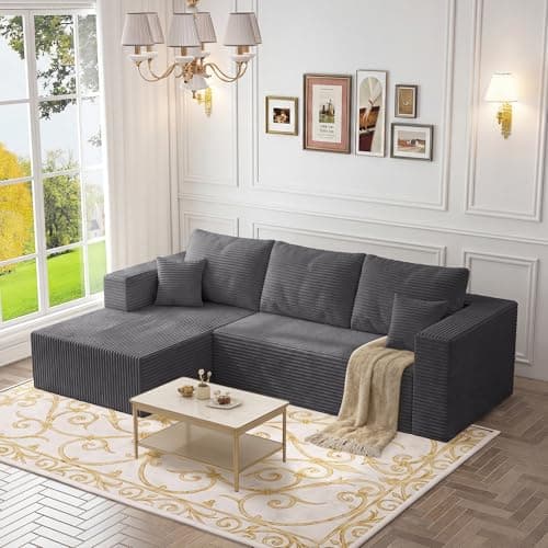 108" Modular Sectional Sofa, L-Shaped Cloud Couch with Deep Seats & Chaise, Convertible Corduroy Boneless Couches for Living Room, Bedroom, No-Assembly - Dark Grey - Image 1