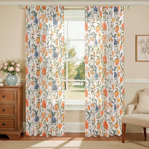 JOOJA Bird Floral Curtains 2 Panels 63 Inches Long Vintage Boho Patterned White Whimsical Living Room Colorful Linen Blend Printed Window Curtains for Bedroom Kitchen - Image 1