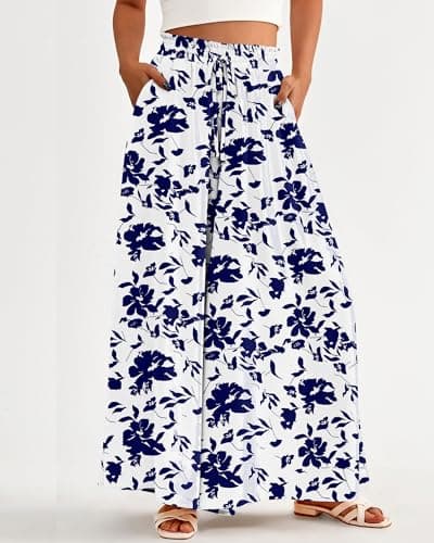 BTFBM Women Casual High Waist Wide Leg Pants 2026 Spring Summer Long Palazzo Pants Pocket Lounge Beach Vacation Clothes(Print White Blue, Small) - Thumbnail 2