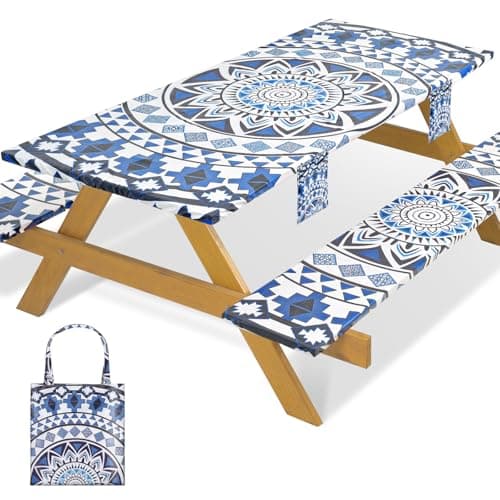 memKiya Fitted Waterproof Picnic Table Cover with Bench Covers Elastic 72×30Inch Weather Proof Non Slip Camping Table Clothes for 6Feet Rectangle Tables Campers Summer Fall Travel Hiking Tools Gifts - Image 1