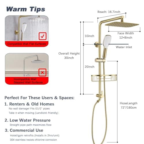SonTiy Rain Shower Head with Handheld Spray and Shower Shelf Caddy, 12Inch High Pressure rainfall Showerheads and Hand Shower Combo with Height Adjustable Holder Shower Head System, Brushed Gold - Thumbnail 3