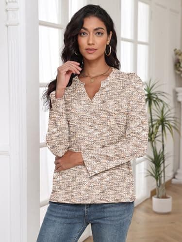 COCOMARTS Womens Waffle Knit V Neck Tops Long Sleeve Henley Shirts Casual Blouses Fall Winter Outfits 2025 Trendy Clothes Khaki White XX-Large - Thumbnail 4