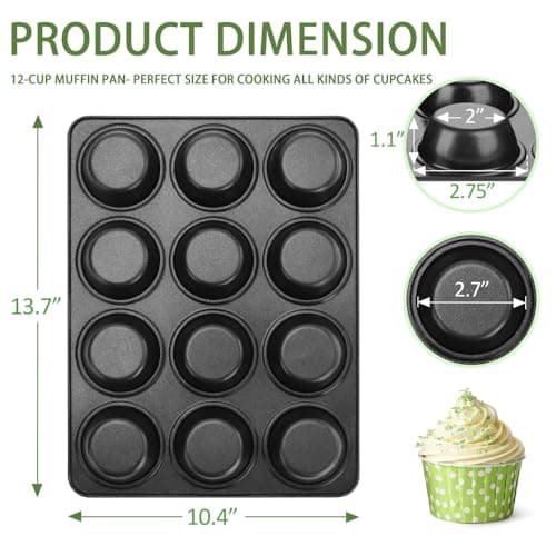Herogo 12-Cup Nonstick Muffin Pan Tin for Baking, Metal Nonstick Cupcake Tray Set for Making Egg Muffin Quiches, Mini Brownie, Easy to Clean & Quick Release, Oven & Dishwasher Safe, Black - Thumbnail 2