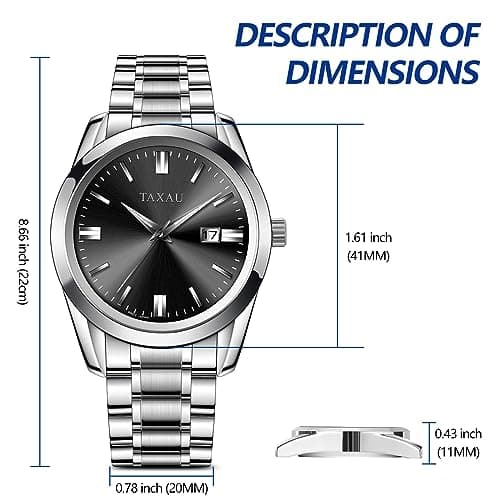 Taxau Black Watch Fancy Luxury Big Dial Men's Watch Classic Designer Casual Dress Silver Stainless Steel Waterproof Watches for Men Day Simple Easy Read Analog Quartz Mens Watches Relojes De Hombre - Thumbnail 5