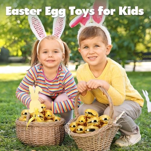 Skirfy 24PCS Golden Easter Eggs, Empty 3.15" Golden Eggs Bulk Fillable for Easter Hunt Party Favor Basket Stuffers Filler Classroom Prize Supplies Decor - Thumbnail 2