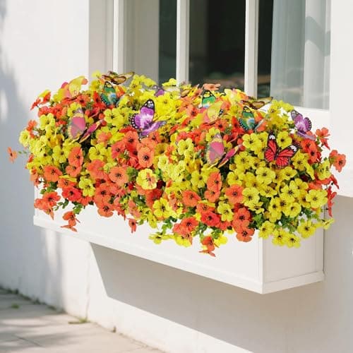 CogDat 20 Bundles Artificial Flowers for Outdoors‌ with 6 Faux Butterflies, UV Resistant and No Fade, ‌Fake Flowers for Garden Patio Porch Home Decor Wedding Easter Mother's Day (Orange Yellow) - Thumbnail 3