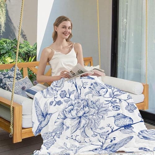 yuboo Spring Blue White Floral Throw Blanket, Chinoiserie French Country Soft Blanket for Women Girls, Soft Flannel Hummingbird Blanket for Coastal Victorian Decor, 50 x 60 Inch - Thumbnail 3