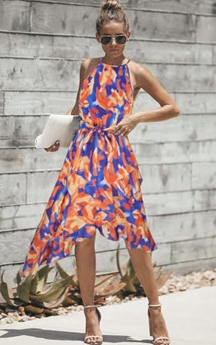 ECOWISH Polka Dot Women Summer Dress Midi A Line Ruffle High Low Sleeveless Boho Floral Halterneck Cocktail Tie Knot Sundress Yellow Floral Large - Thumbnail 4