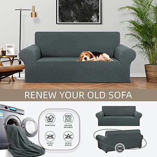 KEKUOU Stretch Loveseat Sofa Cover Slipcover,Couch Covers for 2 Cushion Couch Sofa (55"-78") Furniture Protector Sofa with Elastic Bottom for Kids,Dog. Jacquard Small Checked (Medium,Grey) - Thumbnail 3