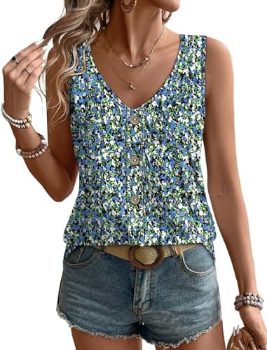 WIHOLL Spring Tops for Women 2026 Loose Ladies Boho Tops and Blouses Summer Tank Tops Dressy Casual Spring Break Essentials Cruise Outfits Blue Print M - Image 1