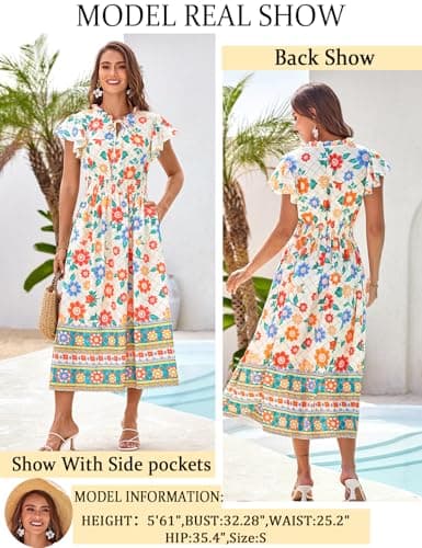 Womens Summer Boho Maxi Dress Casual Sleeveless V Neck Floral Beach Dresses with Pockets Apricot Green Flowers XXL - Thumbnail 4