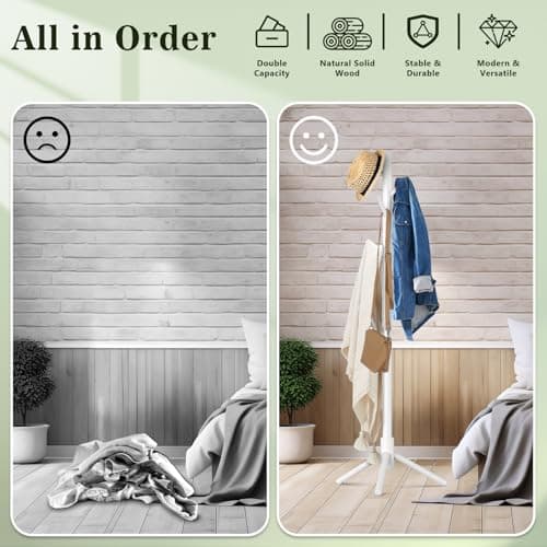 OUTGAVA Wooden Coat Rack Freestanding with 8 Hooks,Easy Assembly New Zealand Pine Tree Coat Racks, 3 Adjustable Sizes for Clothes, Hats, Bags, for Entryway, Hallway, Bedroom, Office (White, 2 PCS) - Thumbnail 4
