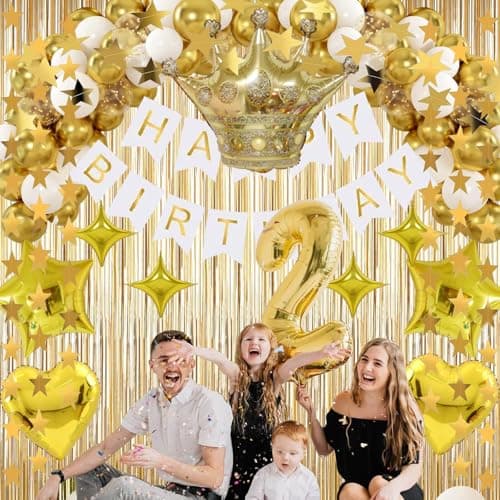 Gold Birthday Decorations Set – Happy Birthday Banner, Star Garland, Crown Foil Balloon, Fringe Curtain Backdrop, Table Cover, Cake Topper, Confetti &Latex Balloons for Boys Girls Men Women Party - Thumbnail 6