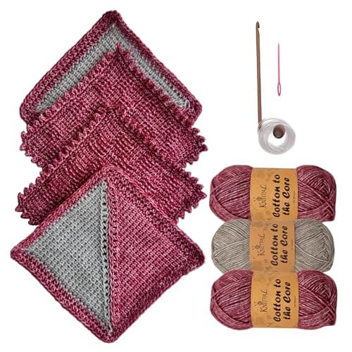 KnitPal Everyday Joy Tunisian Crochet Dishcloth Kit for Confident Beginners – Make 4 Reusable Dishcloths – Cotton Yarn, Tunisian Crochet Hook, 2 Patterns & Video Tutorials (Cherry Red + Elephant Gray) - Image 1